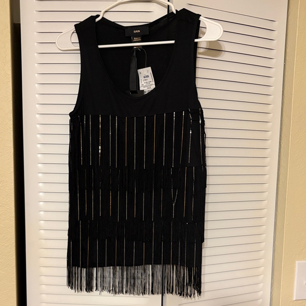 Black Sleeveless Fringe Top with Metallic Accents